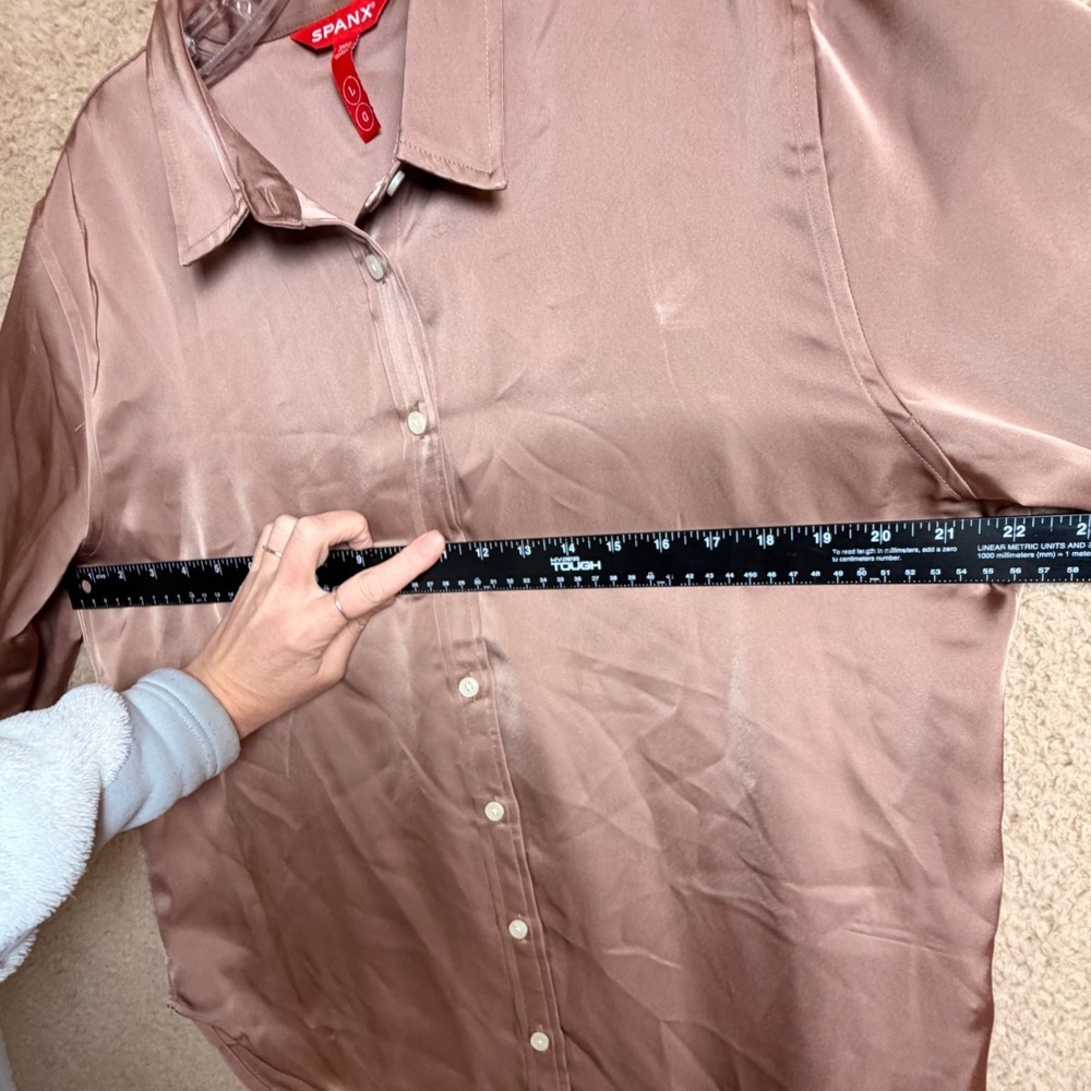 SPANX Better Than Silk Button Down Satin Blouse Cafe Au Lait Brown L - Picture 7 of 12